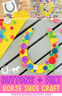 buttons and felt horse shoe craft for kids with text overlay that reads, buttons and felt horse shoe craft