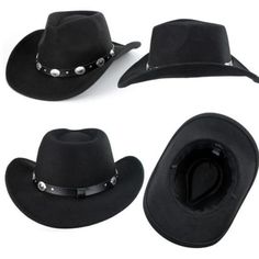 New! Black Western Cowboy Hats Studded Pinched Western Cowgirl Hats Men And Women Black Felt Cap For Outdoor, Black Hats For Western-themed Winter Events, Black Hat For Western-themed Winter Events, Casual Black Fedora For Festivals, Casual Brimmed Felt Hat For Western-themed Events, Casual Felt Hat For Western-themed Summer Events, Casual Felt Hat For Country Events, Casual Summer Felt Hat For Western-themed Events, Casual Fedora For Western-themed Events