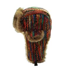 When you're searching for a colorful hat to complete your look in winter, this Bomber Hat by Innovato Design will look good on you. It comes in a rainbow pattern with a combination of colors. This will brighten up not only your gloomy winter day but someone else's too. It is artsy and has plenty of colors to add personality to your look. Made from fur material, this hat protects your head from the cold so you'll always be snug and warm. Its earflaps are designed in such a way to comfort your ears from the cold too. It has a clasp on the earflaps so you can tightly fit them around your chin when it is cold or fasten them above your head when not in use. You can wear this with your casual outfits in winter.  Product Highlights:   Made from fur material for superior comfort  Colorful hat for Russian Ushanka, Camel Style, Rainbow Hats, Colorful Hat, Boho Festival Fashion, Trapper Hat, Wool Tie, Rugged Style, Trapper Hats