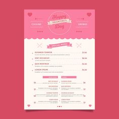 a valentine's day menu with hearts and ribbons on the front, pink background