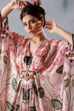 Buy Beige Silk Printed Lotus Motifs V Neck Imama Kaftan For Women by Rajdeep Ranawat Online at Aza Fashions. Silk V-neck Kaftan For Beachwear, Silk Maxi Length Kimono, Silk Kaftan With Digital Print Tunic, Traditional Silk Kaftan For Spring, Silk Maxi-length Printed Kimono, Silk Floor-length Kaftan For Spring, Designer Silk Bohemian Dresses, Spring Silk Kaftan For Designer Wear, Bohemian Silk Designer Dresses