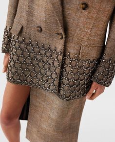 Masculinity And Femininity, Crystal Cage, Blazer Tweed, Tweed Pattern, Boy Outerwear, Short Denim Skirt, Blazer Beige, Short Denim, Knitwear Dress