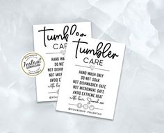 two white cards with black ink that say, tumbler or tumbler care and hand wash