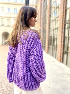 "Meet Crochet cardigan super fluffy, chunky knit cardigan! Unique designed long sleeves. This purple chunky sweater is made with great love and care. Oversized sweater in purple color would look perfect as part of your look. Hand knitted cardigan can be worn as casual coat for a walk, on traveling or any other occasion. This cardigan would look perfect any time of the year. This elegant, soft and warm crochet cardigan is made of wool blend yarn. Knitted with finest wool blend (50 % wool, 50% acr Trendy Oversized Knitted Outerwear, Trendy Oversized Purple Cardigan, Oversized Purple Knit Cardigan, Oversized Purple Long Sleeve Cardigan, Trendy Oversized Knitted Cardigan, Purple Chunky Knit Winter Cardigan, Purple Chunky Knit Long Sleeve Outerwear, Purple Long Sleeve Chunky Knit Outerwear, Oversized Winter Cardigan With Ribbed Cuffs