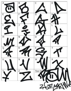 an image of graffiti alphabets and numbers in black ink on a white paper background