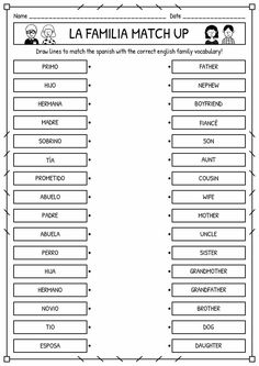 the family match up is shown in black and white, as well as other words