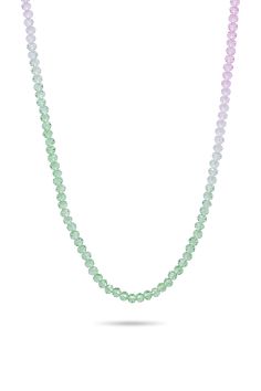 Create a dreamlike effect with our Candy Floss Necklaces – perfect for layering up and combining ethereal colourways with our other pendants and charms. Available in graduating pastel hues including bright shades of lavender fading into green, blue drifting into mint and deep pinks, yellows and oranges to symbolise sunsets and sunrises. These are a perfect bead necklace option for a summer wardrobe addition. Material: 18k gold plated brass and beads Lavender Jewelry With Faceted Beads, Green Gemstone Necklaces With Round Beads, Adjustable Pastel Gemstone Beads Jewelry, Green Faceted Round Beads Necklace, Green Faceted Round Bead Necklaces, Green Single Strand Necklace With Round Beads, Green Single Strand Long Necklace, Green Long Single Strand Necklace, Adjustable Lavender Single Strand Necklace