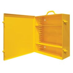 an open yellow plastic storage box with two shelves on one side and three doors on the other