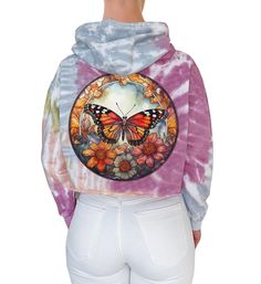 Long Sleeve Tie Dye Hoodie with Butterfly Art, Hoodie Set, Positivity Hoodie, Tie Dye Sweatshirt With its colorful and playful aesthetic,  tie-dye can brighten up any outfit and make you feel happy and  carefree.  The addition of Butterfly Art takes this hoodie to the next level, adding a touch of beauty and positivity. Whether you're looking for a cozy and comfortable outfit for a lazy day at home, or a statement piece to wear out and about, this Flower Peace design crop hoodie is sure to turn Butterfly Hoodie Art, Positive Hoodie, Art Papillon, Art Hoodie, Love Angel, Comfortable Lounge, Tie Dye Fabric, Pastel Tie Dye, Dye Sweatshirt