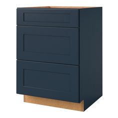 a blue cabinet with two drawers on the bottom and one drawer in the middle, against a white background