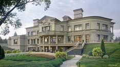 this is an artist's rendering of a large house on a hill with stairs leading up to it