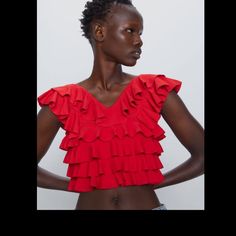 Ruffled Knit Top Chic Top With Ruffled Straps, Red Ruffle Sleeve Tops For Spring, Trendy Zara Tops With Ruffles, Red Casual Tops With Ruffle Hem, Casual Red Tops With Ruffle Hem, Chic Red Top With Ruffle Hem, Zara Ruffle Tops, Trendy Red Top With Ruffles, Fitted Zara Tops With Ruffles