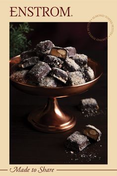 an advertisement for chocolates made to share, with the words enstrom on it