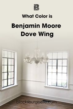 an empty room with two windows and the words what color is benjam moore dove wing