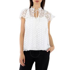 Polo Ralph Lauren Ladies Tops. Fashion category: Shirts & Blouses. SKU: 211792572001. Color: White. Polo Ralph Lauren White Broderie Anglaise Blouse. This blouse features short sleeve, scallop hem and V neck with a tied neckline. Cotton 100% Summer Short Sleeve Lace Top For Work, Summer Lace Top With Lace Trim For Work, Lace Top With Lace Trim For Summer Workwear, Summer Lace Blouse For Workwear, Summer Lace Blouse For Work, Elegant Eyelet Tops For Daywear, Lace Tops For Summer Workwear, Short Sleeve Lace Tops For Work, Chic Lace Tops With Eyelet Details