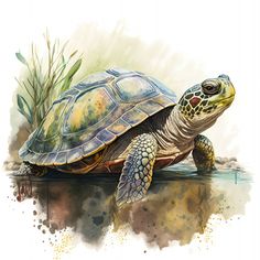 a watercolor painting of a turtle swimming on the surface with grass in the background