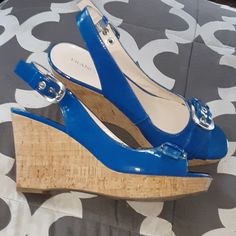 Brand New Gently Worn No Flaws Casual Blue Heels Medium Width, Casual Blue Almond Toe Heels, Blue Wedge Heels With Cushioned Footbed, Blue Cushioned Slip-on Heels, Blue Cushioned Synthetic Heels, Blue Synthetic Heels With Cushioned Footbed, Blue Leather Heels With Cushioned Footbed, Franco Sarto Shoes, Womens Wedges