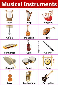 musical instruments and their names are shown in this poster for children's music lessons