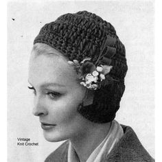 Vintage Crochet Helmet styled hat pattern, close fitting design with flower adorned side band.   "Two shades of red knitting worsted crocheted together make a dramatic helmet that snugs back of neck. Grosgrain loops and tiny flowers add feminine note".  #CrochetHatPattern Fitted Knitted Brimmed Bonnet, Vintage Fitted Beanie Hat, Vintage Crochet Cap Hat, Vintage Adjustable Crochet Hat, Vintage Adjustable Crochet Cap, Vintage Brimmed Crochet Hat For Winter, Adjustable Vintage Crochet Hat, Vintage Crochet Bucket Hat, Vintage Yarn Beanie Hat