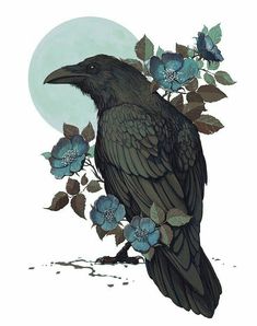 a black bird sitting on top of a branch with blue flowers in front of a full moon