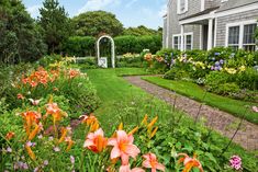 the garden is full of colorful flowers and greenery, including lilies in bloom