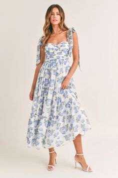 Savannah Floral Maxi Dress – THE LUCKY KNOT Cindy Dress, Flower Maxi Dress, Floral Bustier, Blue Florals, Midi Sundress, Bra Cup, Chiffon Floral, Tiered Midi Dress, Dresses By Length