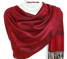 "With a pretty scarf you can look gorgeous for very little money and is the most versatile accessory you could have in your closet. Our scarves are chic and affordable and they add a fun and happy punch to any outfit. Beautiful and elegant Pashmina Scarf. Burgundy red color with black paisley pattern design with black fringed. Large, warm and soft high quality scarf. The scarf is wide long enough to wrap around twice. Very stylish! Cold hand wash, lay flat to dry. Fabric: 70% pashmina and 30% si Modest Graduation Dress, Black Pashmina, Twilight Dr, Shawl Winter, Winter Scarves, Pretty Scarves, Dark Burgundy, Wedding Shawl, Pashmina Shawl