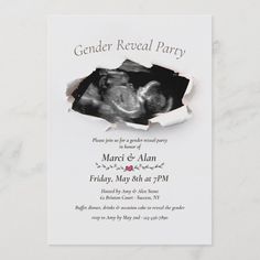 a baby's birth announcement card with the words, gender reveal party on it