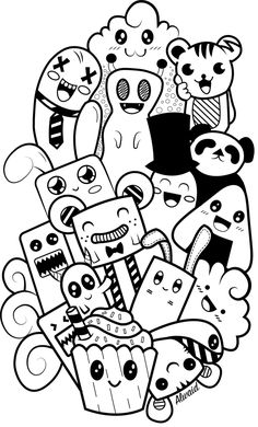 some cartoon characters are grouped together in this black and white drawing by artist marky