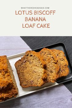 banana loaf cake on a plate with text overlay