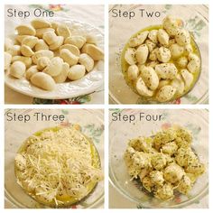 four pictures showing steps in how to make potatoes