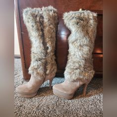 Fergie Captive Fur Boots, Size 7. 4" Heel. 1" Platform. Never Worn, Still In Box Fur Boots Heels, Fergie Boots, Womens High Boots, Fur Ankle Boots, Fur Heels, Vintage Sandals, Platform Heels Boots, Faux Suede Boots, Fantastic Shoes