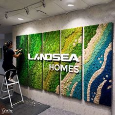 Green Wallscapes, moss wall, green wall, colorful moss wall, reindeer moss wall, ombre moss wall, ombre moss panels, moss panels, logo wall, logo moss wall, blue moss, ombre moss Colorful Moss Wall Art, Moss Wall Design, Artificial Green Wall, Wall Trends, Plant Display Ideas, Wall Signage, Wall Logo