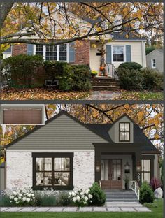 the before and after shots of a house in fall, with leaves on the ground