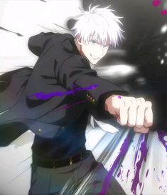 an anime character with white hair and blue eyes pointing his finger at the camera,