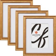 three gold frames with black and white designs