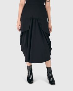 Tekbika Gotta Have It Skirt, Black – Alembika U.S. Versatile Black Asymmetrical Skirt Bottoms, Fitted Black Draped Skirt For Work, Versatile Gathered Long Skirt, Lined Draped Skirt For Workwear, Versatile Skirt With Side Pockets For Work, Versatile Workwear Skirt With Side Pockets, High-waisted Gathered Skirt For Work, Asymmetrical Skirt With Elastic Waistband, Black Lined Skirt With 4-way Stretch