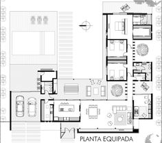 the floor plan for a modern house with lots of windows and furniture, including two living areas