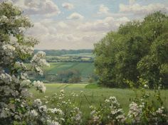 an oil painting of white flowers and trees in the foreground with rolling hills in the background