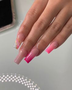 Nails With Pink Acrylic Powder, Hot Pink Marble Acrylic Nails, White And Pink Aura Nails, Ombre Acrylic Nails, Colored Acrylic Nails, Simple Acrylic Nails, Dope Nail Designs, Short Square Acrylic Nails, Long Acrylic Nails Coffin