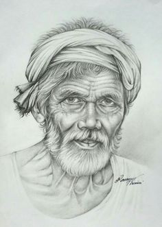 an old man with a turban on his head is shown in this drawing