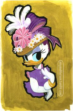 a painting of a duck wearing a hat with flowers on it's head and purple dress