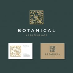 botanical logo and business card design with gold foil on dark green background, suitable for printing