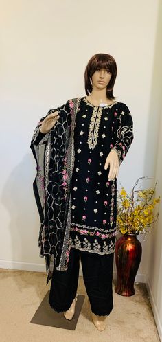 Product code-034 AagaNoor chiffon kurti and Dupatta with butterfly silk plain black pants thread embroidery  full sleeves full lining in kurti  size 36" 38" Black Chanderi Palazzo Set With Mirror Work, Unstitched Embroidered Chiffon Salwar Kameez, Unstitched Chiffon Lawn Suit With Resham Embroidery, Embroidered Chiffon Kurta For Eid, Traditional Chiffon Lawn Suit With Resham Embroidery, Formal Georgette Churidar With Dabka Details, Formal Dabka Churidar In Georgette, Chiffon Traditional Wear With Resham Embroidery For Eid, Chiffon Unstitched Suit With Chikankari For Eid