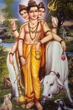 an image of the hindu god with his two children in front of some animals and trees