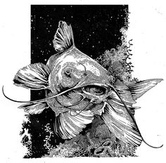 a black and white drawing of a fish with a fishing rod in it's mouth