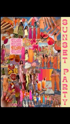 a collage of photos with women dressed in different outfits and colors, including oranges, pinks, yellows, and green