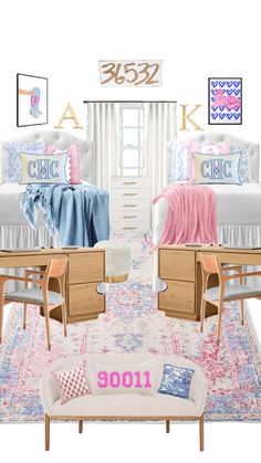 two beds with pink and blue blankets on top of them, next to each other