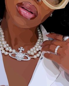 a woman with sunglasses and pearls on her necklace