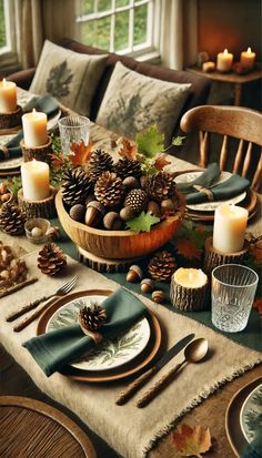 a table set for thanksgiving dinner with pine cones, candles and napkins on it